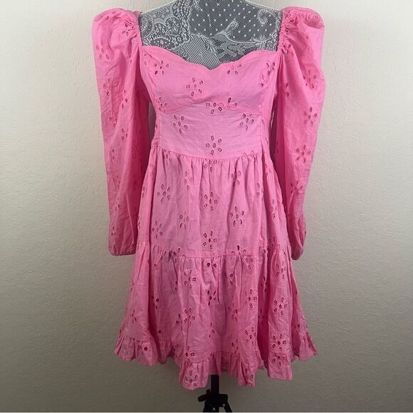 ASOS DESIGN Long Sleeve Broderie Tiered Eyelet Mini Skater Dress Women’s 14 - Picture 2 of 13